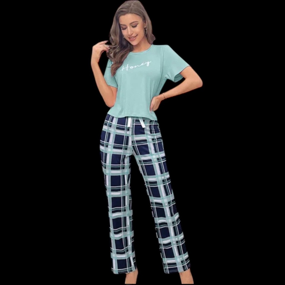 Teal Graphic Tee and Plaid Pants Set